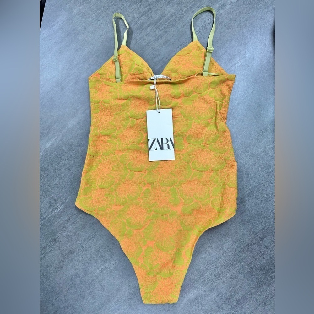 ZARA Bright Lime Green and Orange Floral Adjustable Strap Tank Top Bodysuit - Picture 3 of 6